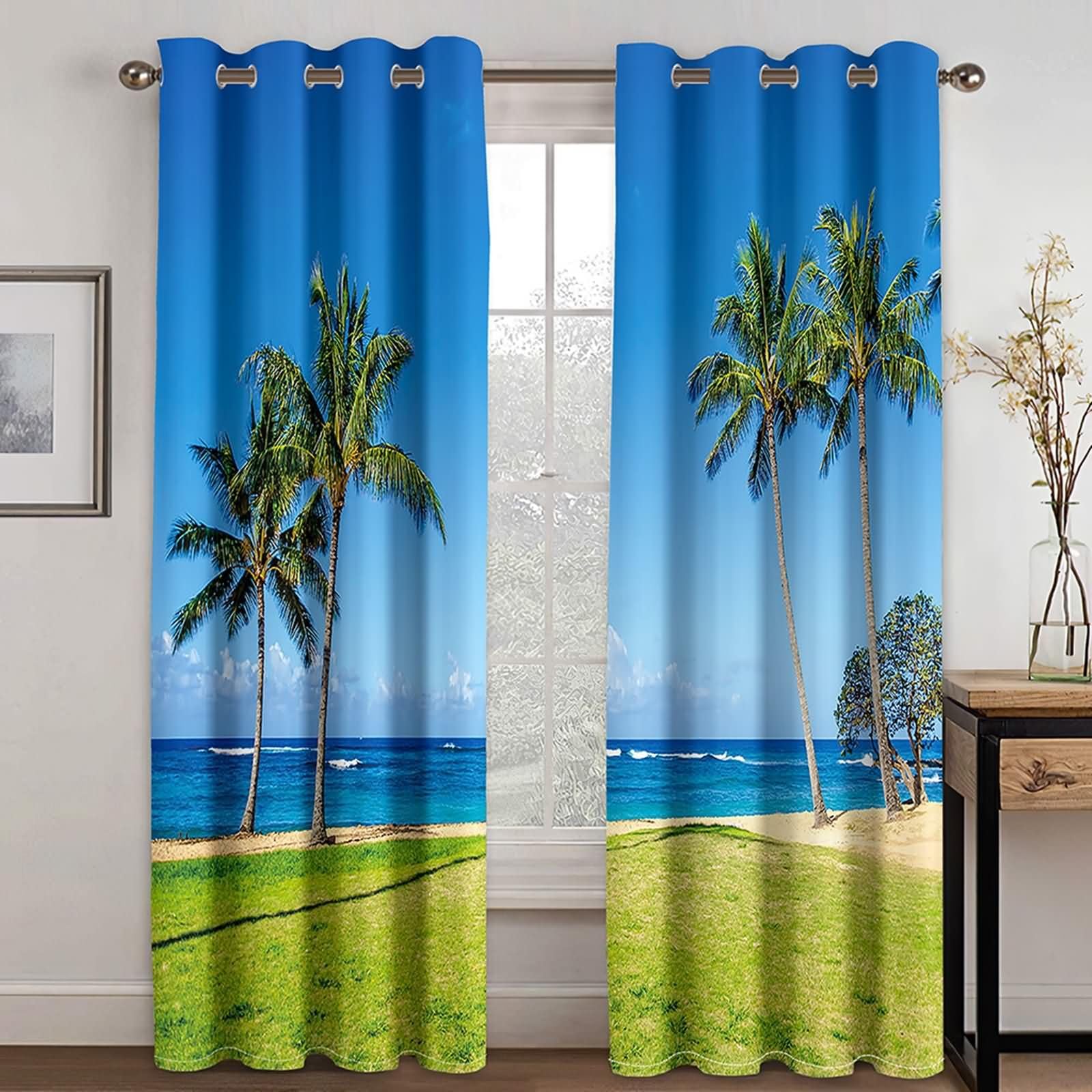 Tende Soggiorno Occhielli,2 x 86W x 160H CM,Tenda Stanzetta Oscurante 2 Pannelli Paesaggio di Palma Spiaggia Tenda Blu Verde da Cucina