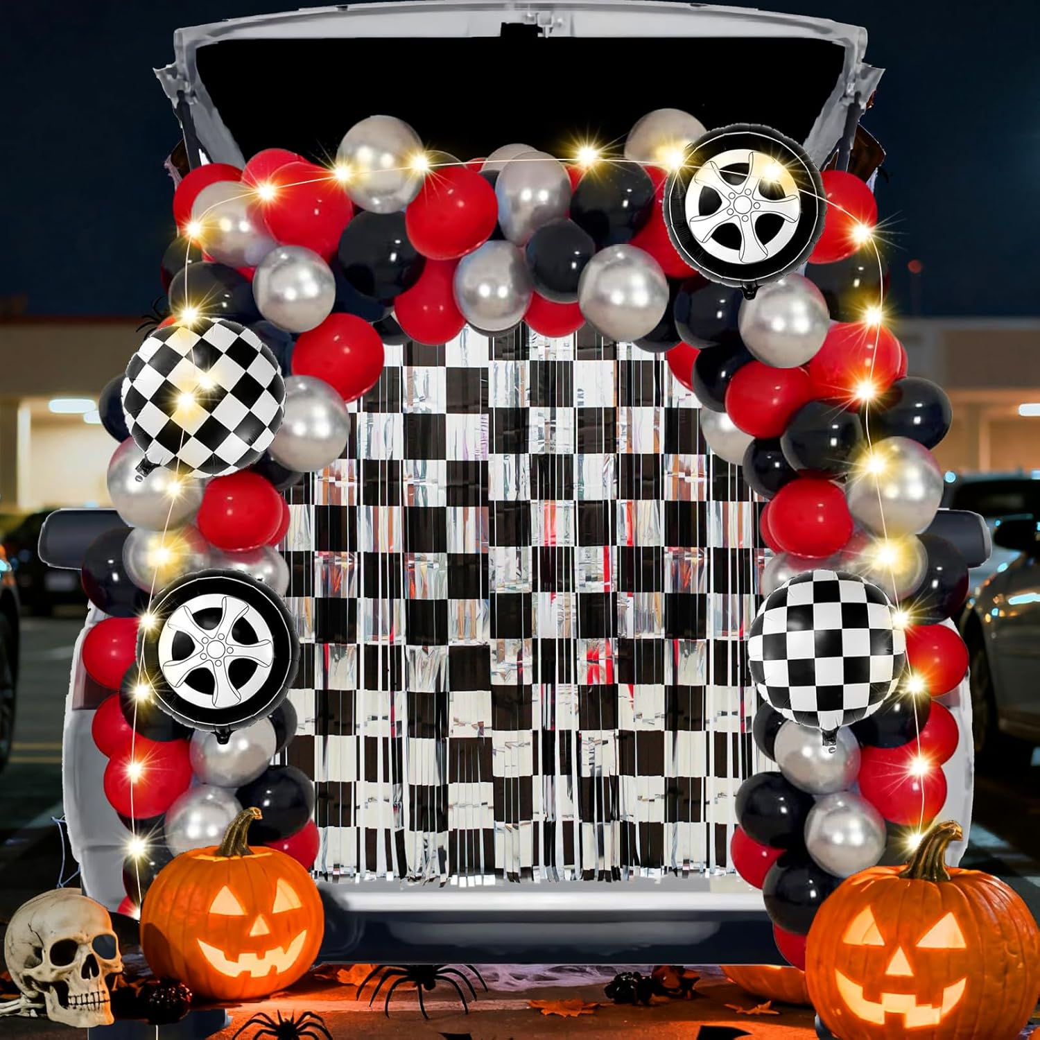 Halloween Racing Car Trunk or Treat Car Decorations Kit with Race Car Foil Fringe Curtains Balloons for Suv Car Archway Haunted House Party Decorations