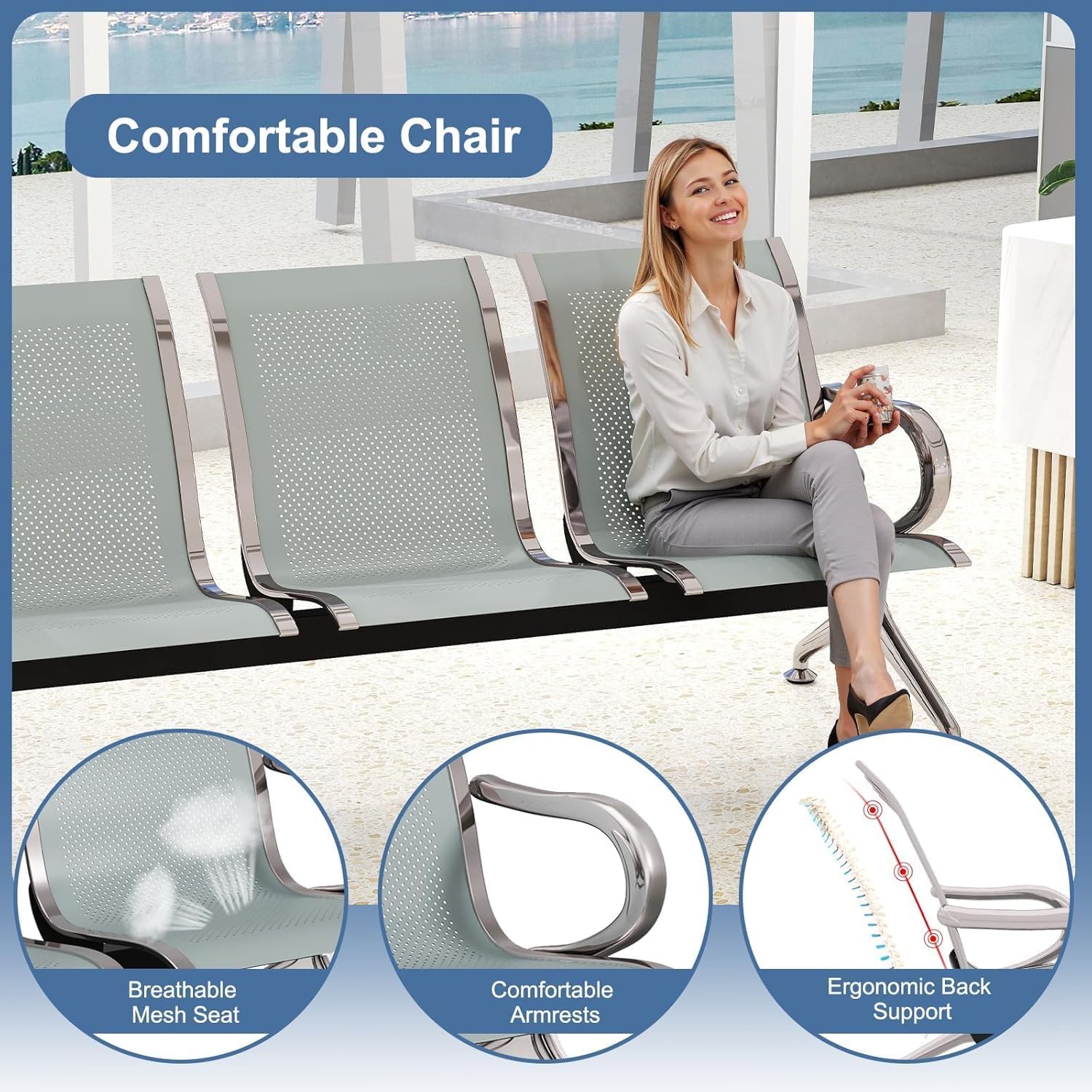 Waiting Room Chairs - 3 Seat Gray Office Guest Reception Chairs, Waiting Room Bench for Clinic, Lobby Furniture for Hospital, Salon, Bank, Airport