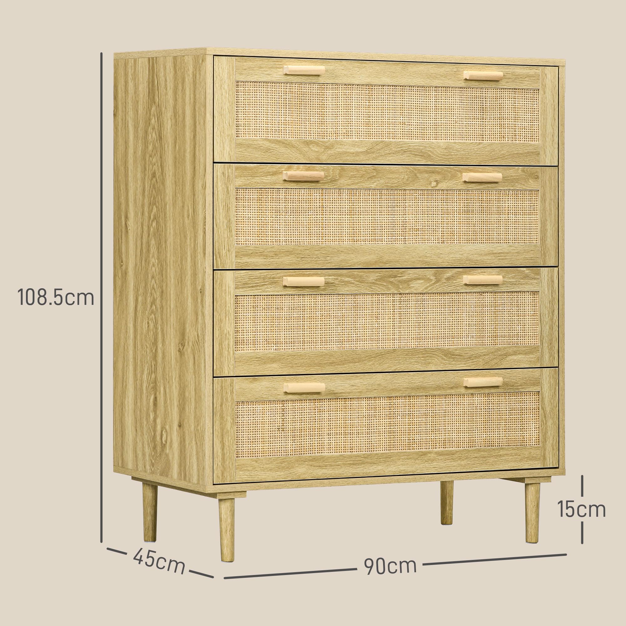 GuannCraft Cassettiera moderna in rattan con quattro ampi cassetti e maniglie in metallo, armadietto rustico in legno, adatto per camera da letto, soggiorno e ingressi