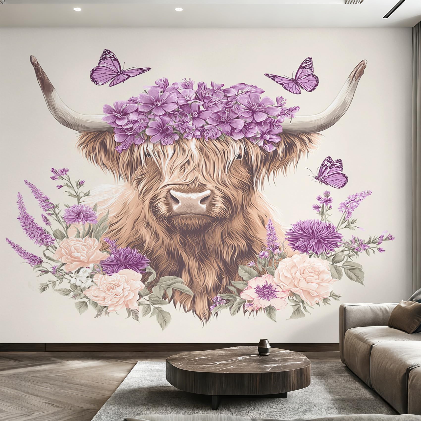 Papier peint intissé vache des highlands décoration murale salon fleur