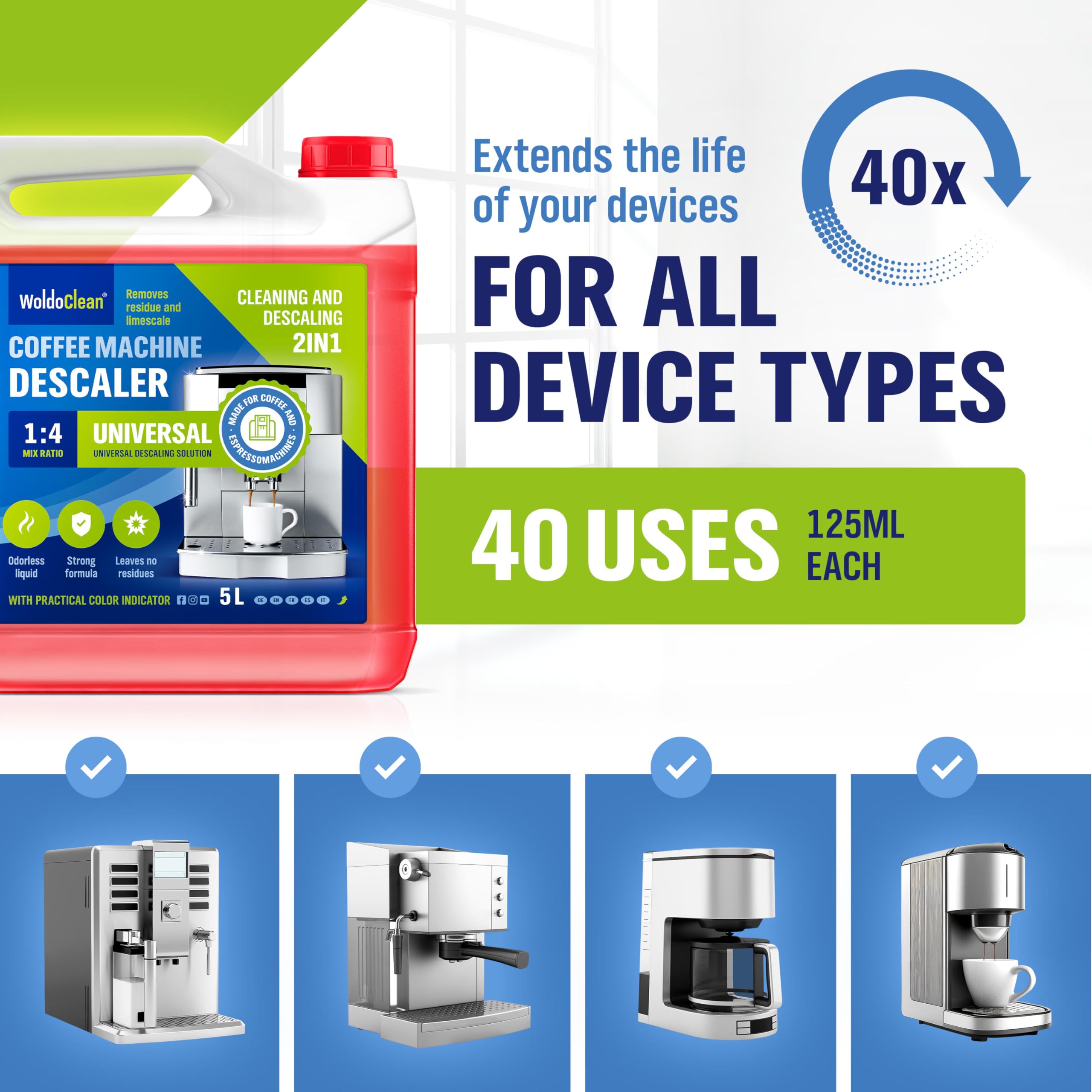 Descalcificador para cafetera concentrado liquido 5 litros - Compatible con marcas Delonghi Dolce Gusto Nespresso Seaco, Krups Senseo
