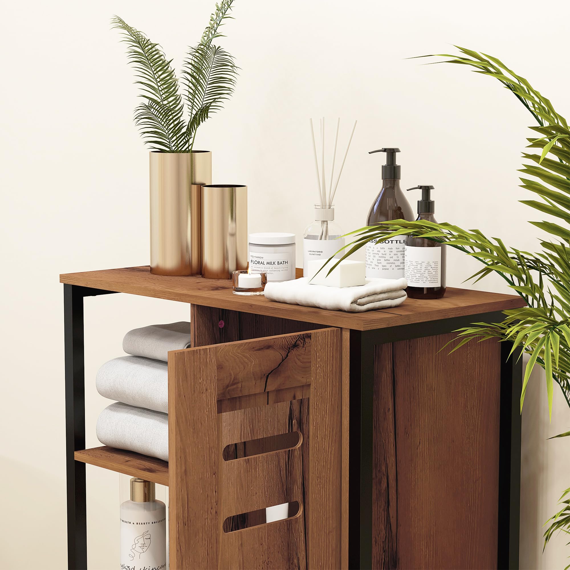 kleankin Armario de Baño Estrecho, Columna de Baño con Puerta de Lamas y 3 Compartimentos Abiertos, Estante Ajustable, para Salón, Dormitorio, Entrada, 60x30x85 cm, Marrón Rústico