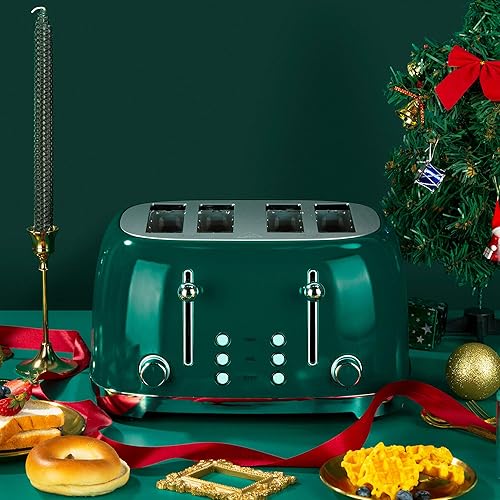 Miniatura 7 de Roter Mond Tostadora de 4 rebanadas de acero inoxidable retro con función de cancelación de descongelación de bagel, 6 ajustes de tostado, ranura