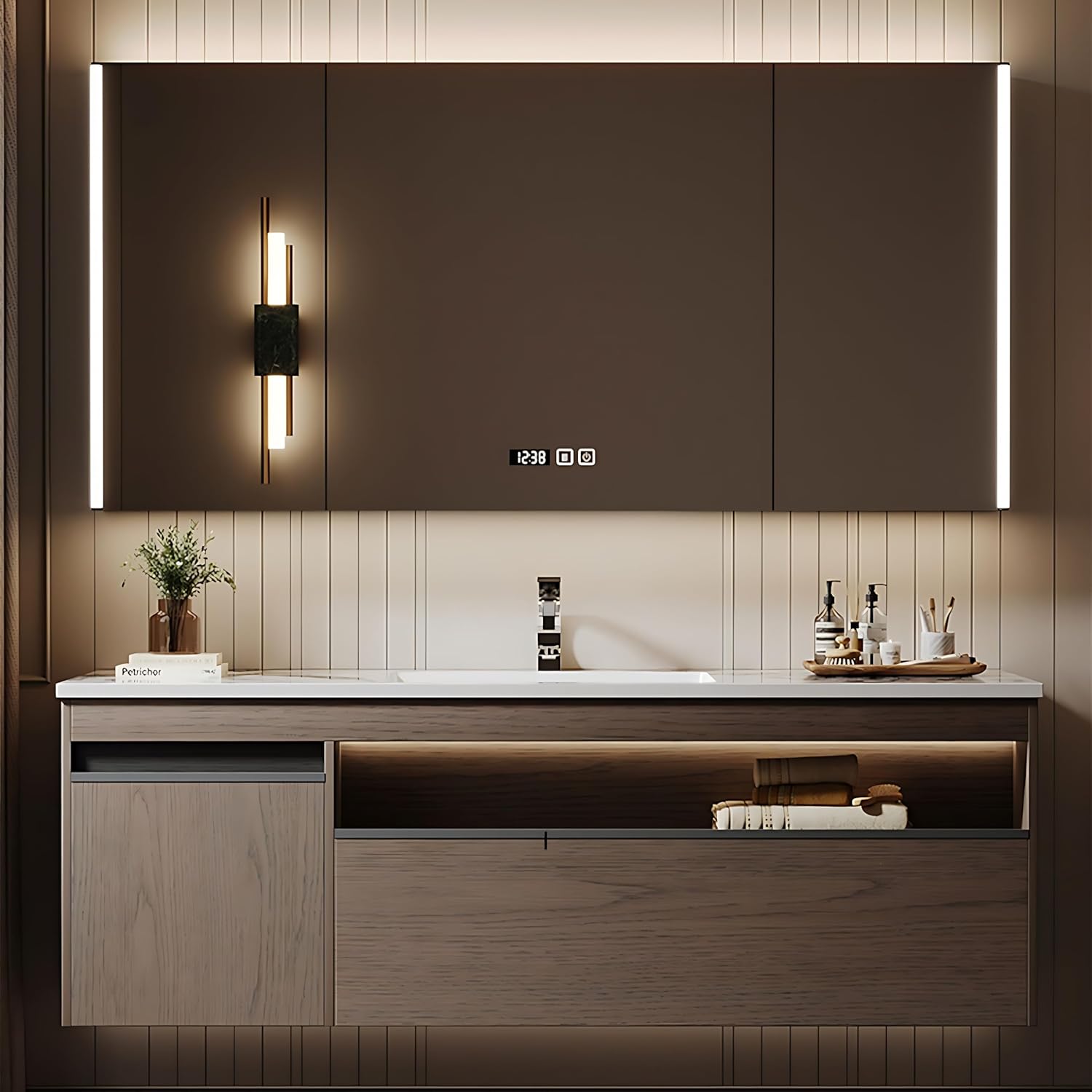 Bathroom Vanity with Sink- Bathroom Vanity Include Smart LED defog Mirror ? Smart Sensor Light, Wall Mounted Solid Wood Bathroom Vanity Set (72''), Dark Gray