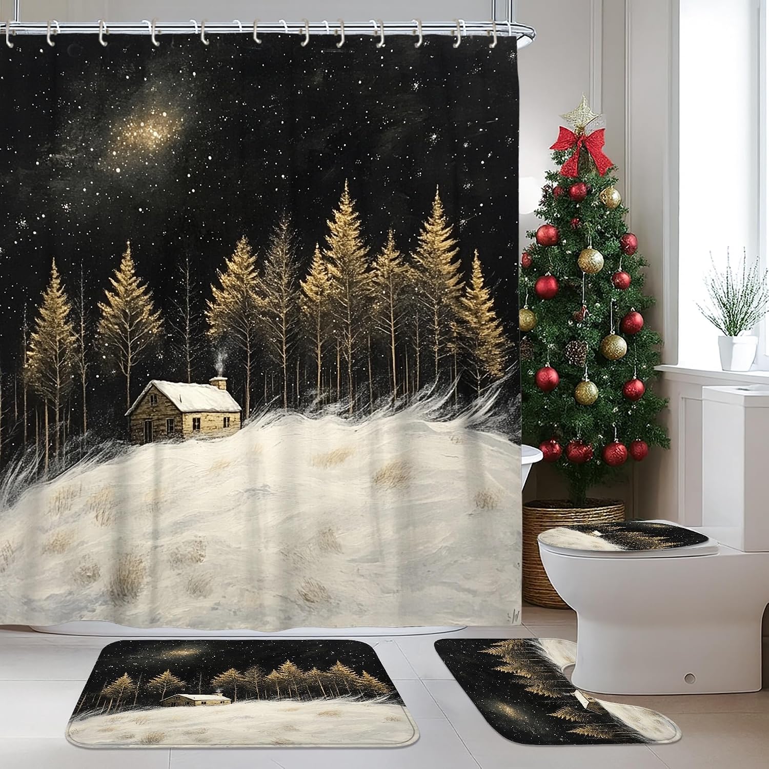 4PCS Winter Farmhouse Christmas Bathroom Sets with Non-Slip Rug, U Shape Toilet Lid Cover Mat, Forest Lodge Cabin Xmas Snow Bathroom Decoration 72''x72''