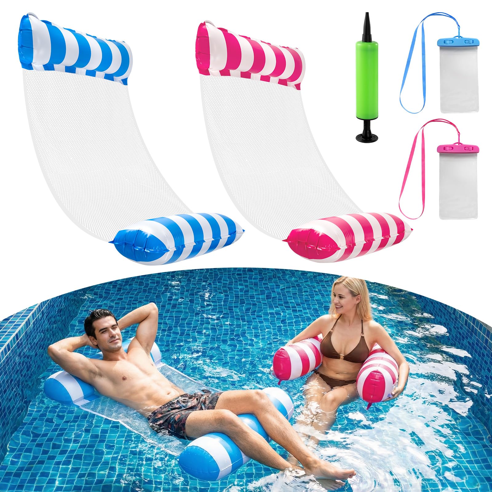 2PCS Pool Hammock Floats for Adults, Pool Floats with Waterproof Phone Pouch, Air Pump, Water Hammock, Inflatable Hammock, Swimming Floats Adults Beach