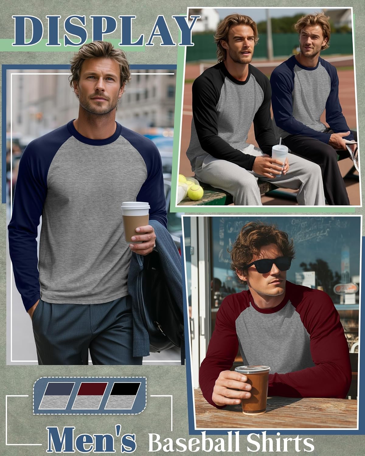 Huukeay 3 Pack Men's Long Sleeve Baseball Shirts, Crew Neck Raglan Casual Vintage Jersey Sport Tee Tops