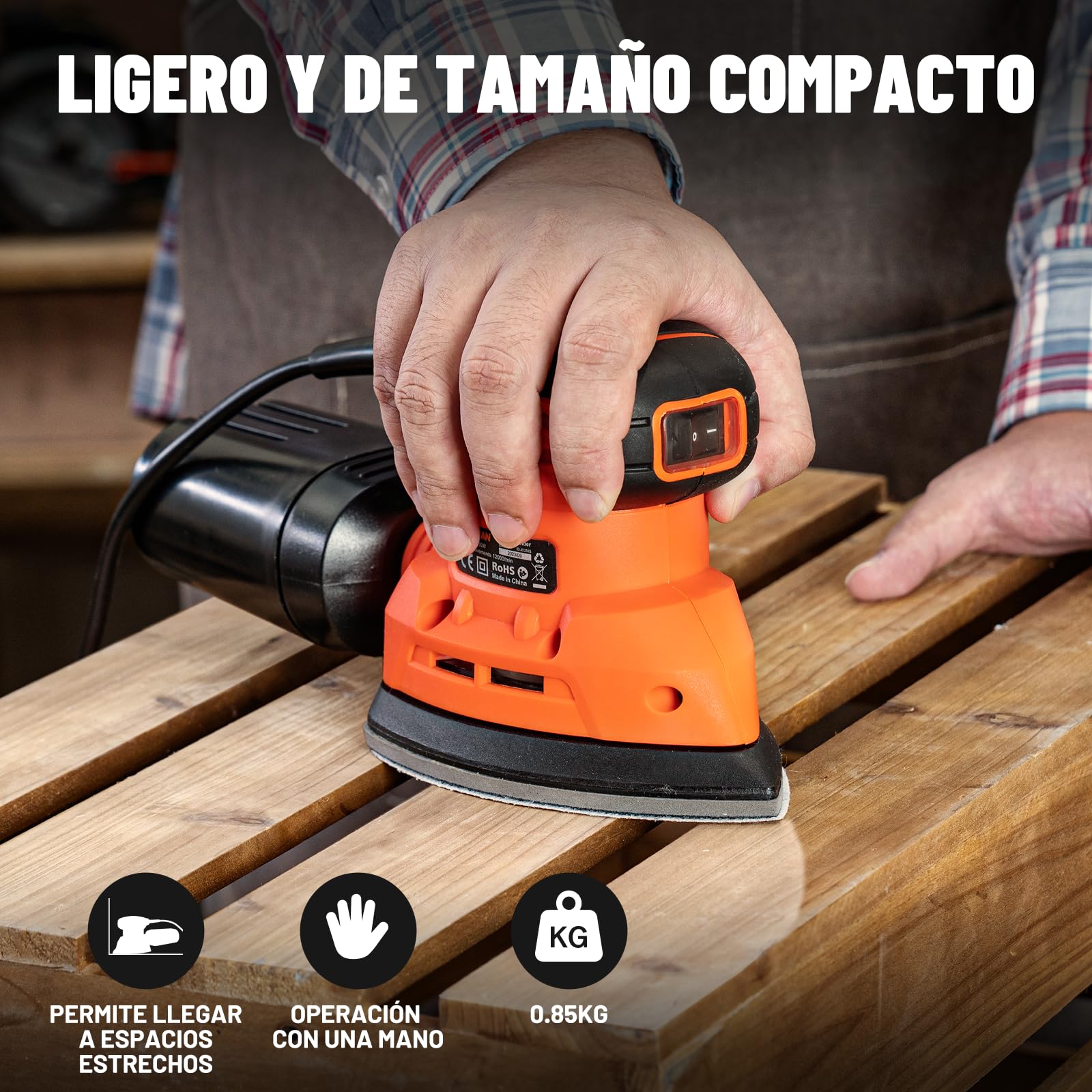 DOVAMAN DLS03A Lijadora Eléctrica de Madera 130W - 12000 RPM Con Colector de Polvo, 12 Piezas de Papel de Lija - Liviana y de Baja Vibración Para Madera y Acero