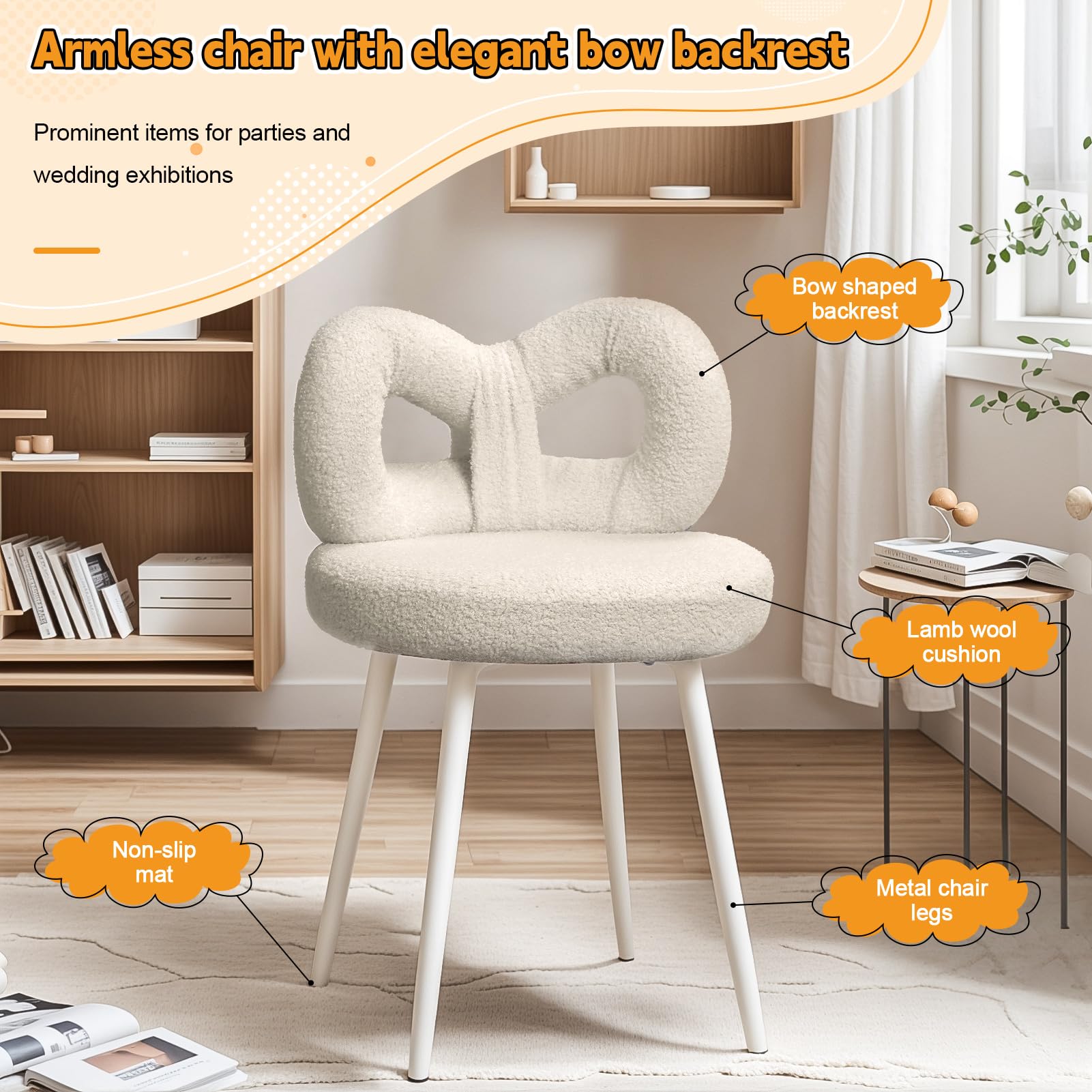 Chaise Coiffeuse avec Dossier Bowknot, Fauteuil Coiffeuse Filles Femmes avec Coussinets de Pied Réglables, Tabouret coiffeuses pour Salon (Blanc)