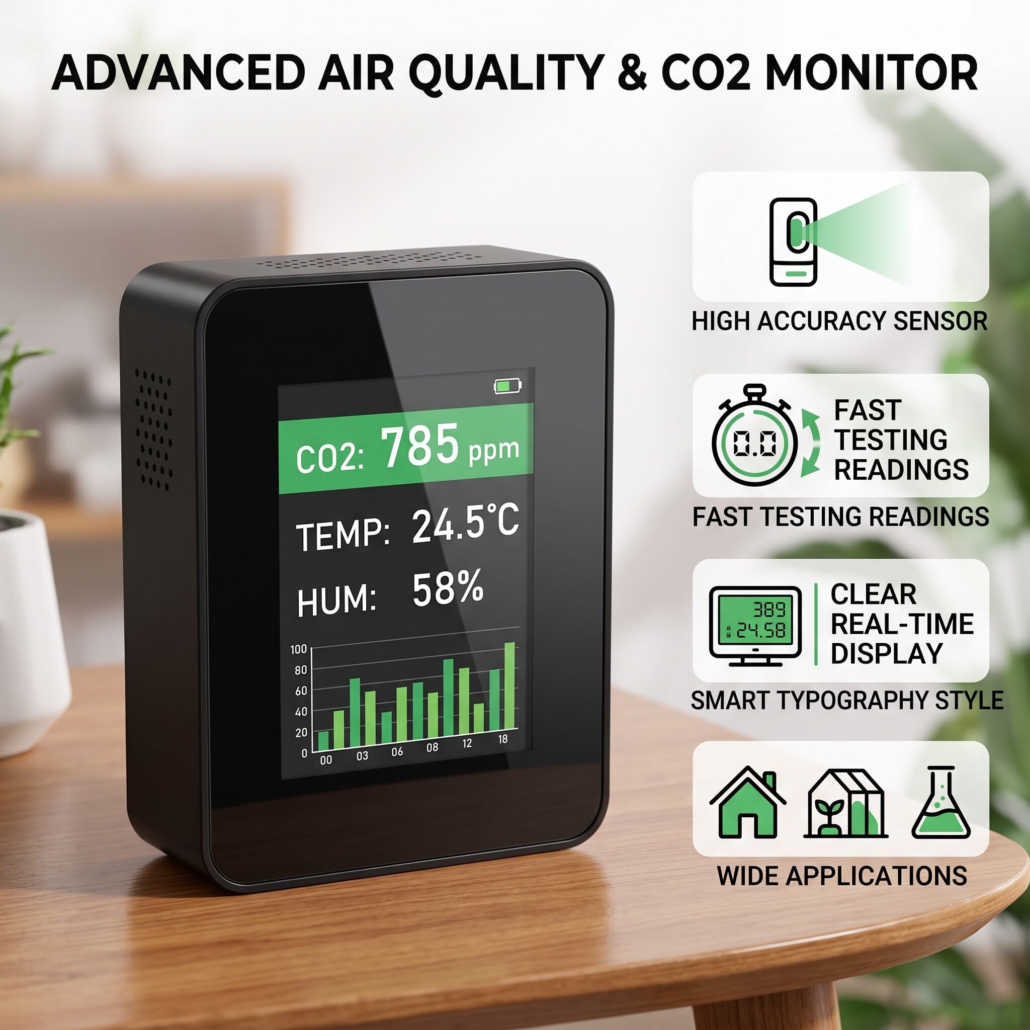 Monitor Jakości Powietrza z Detektorem CO2 na Podczerwień, Miernik Temperatury i Wilgotności dla Domu, Sadzenia, Roślin, Monitoringu Wewnętrznego, Precyzyjny