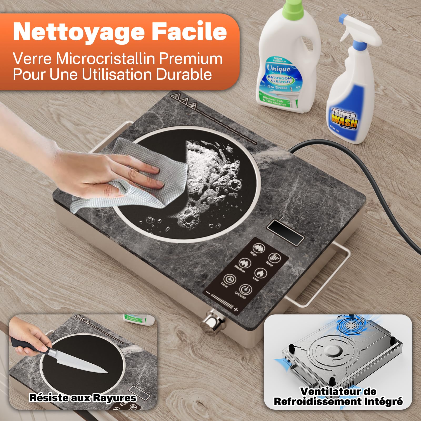 Plaque Vitrocéramique 3500W Infrarouge – Compatible avec Toutes les Casseroles, Verre Microcristallin, Sécurisée avec Arrêt Automatique, Design Marbre Écologique