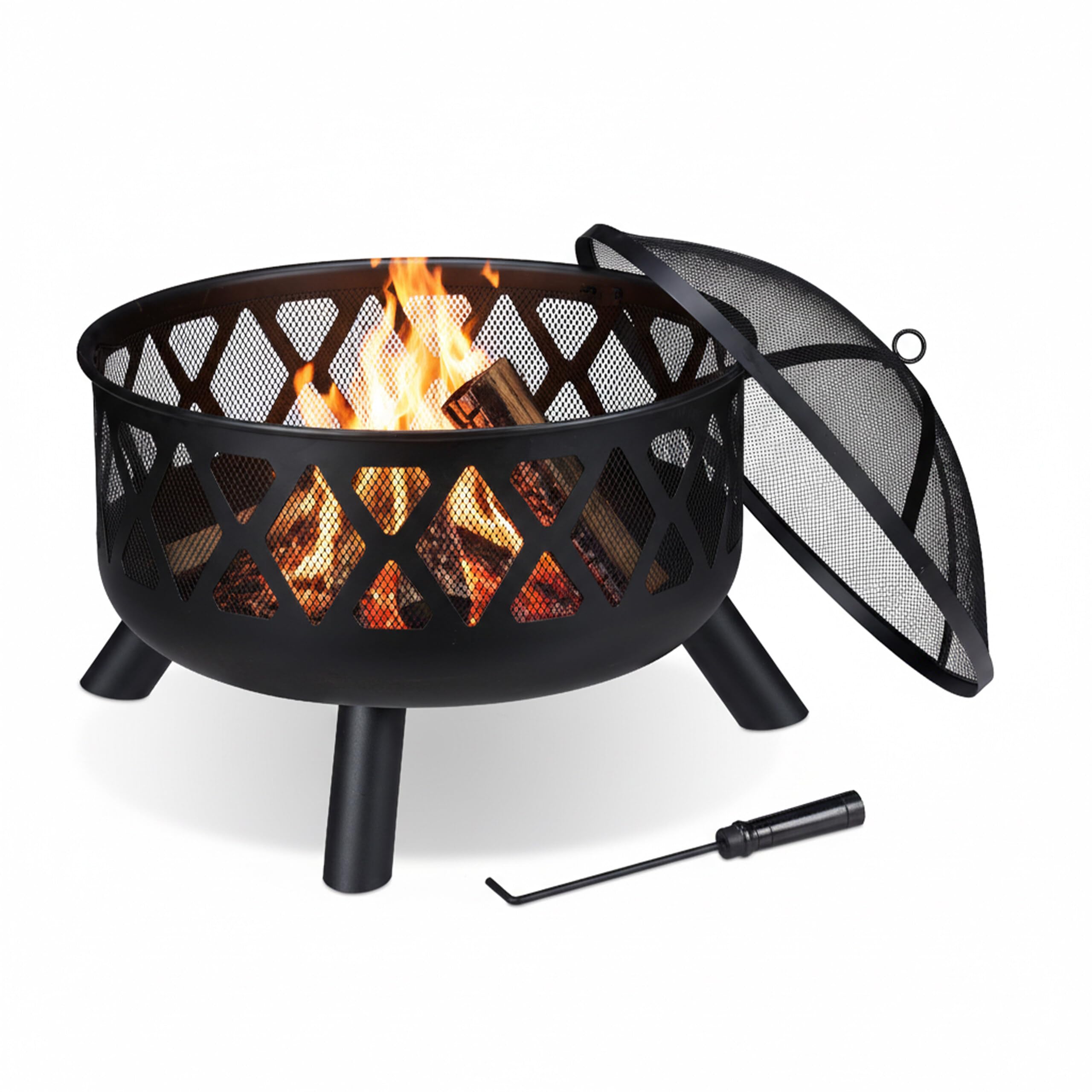 Relaxdays Feuerschale mit Funkenschutz, Ø 62 cm, mit Schürhaken, Garten, Terrasse, Outdoor Feuerstelle, Stahl, schwarz
