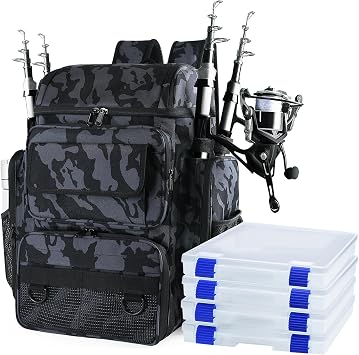 Fishing Backpack with 4 Tackle Boxes, 45L Large Tackle Bag & Fishing Tackle Backpack for Fishing, Camping, Hiking,Camouflage