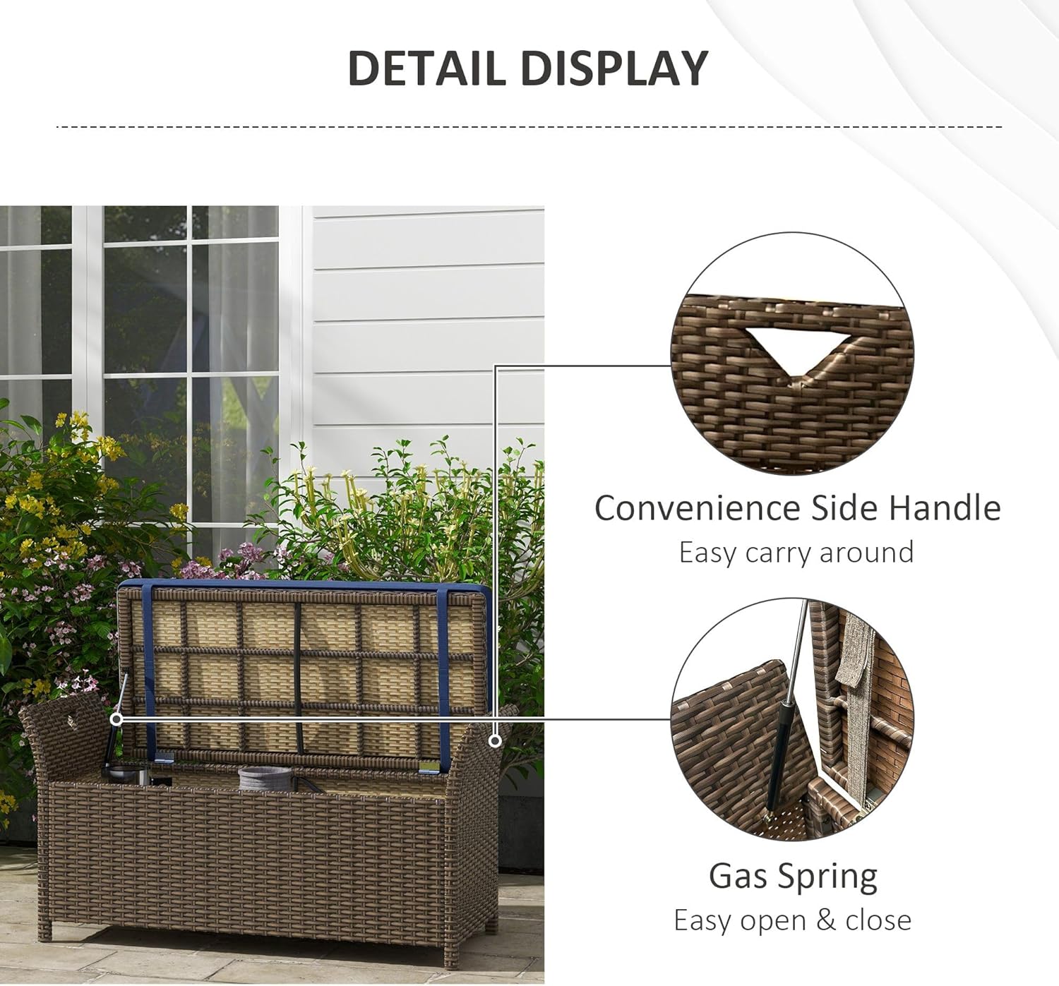 Weather-Resistant PE Rattan Bench 43.25x17.75x20.25in w/Dark Blue Cushion, 29-Gallon Enclosed Storage, 352lb Static Load, Garden Durable