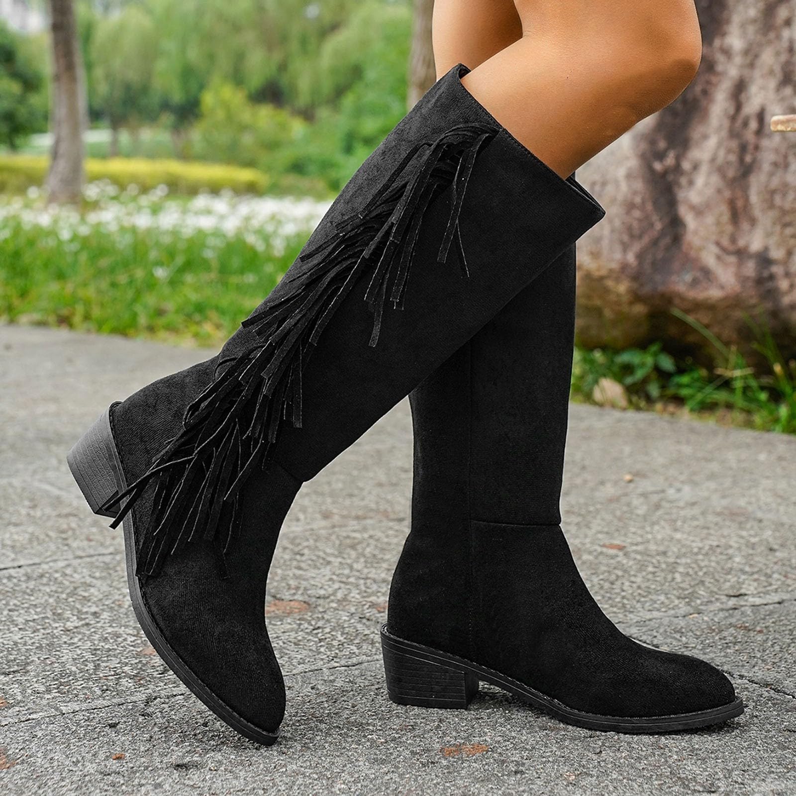 Stivali western da donna, eleganti, tinta unita, con frange, stile retrò, in pelle scamosciata, con tacco a blocco, stivaletti invernali