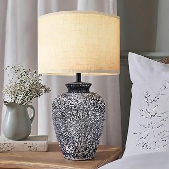 Ceramic Farmhouse Table Lamp for Living Room and Bedroom - Modern Black Pottery Beside Lamps for Small Nightstand and Large Side Table - Rustic Round Stone Lighting Single with White Beige Shade