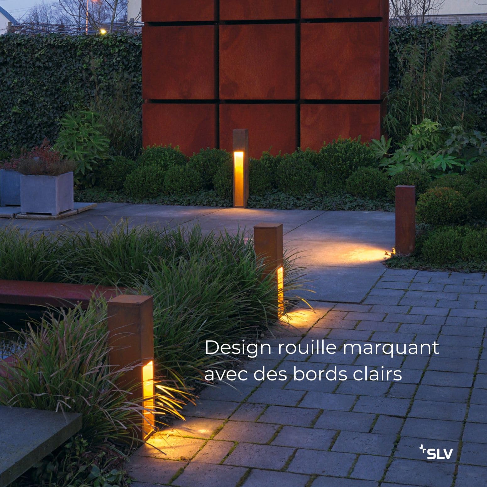 SLV RUSTY SLOT 50 lampe sur pied extérieure E27 acier rouillé FeCSi IP44 L12xP12xH50cm – éclairage décoratif indirect pour jardin, terrasse, allées – style unique, ampoule non incluse