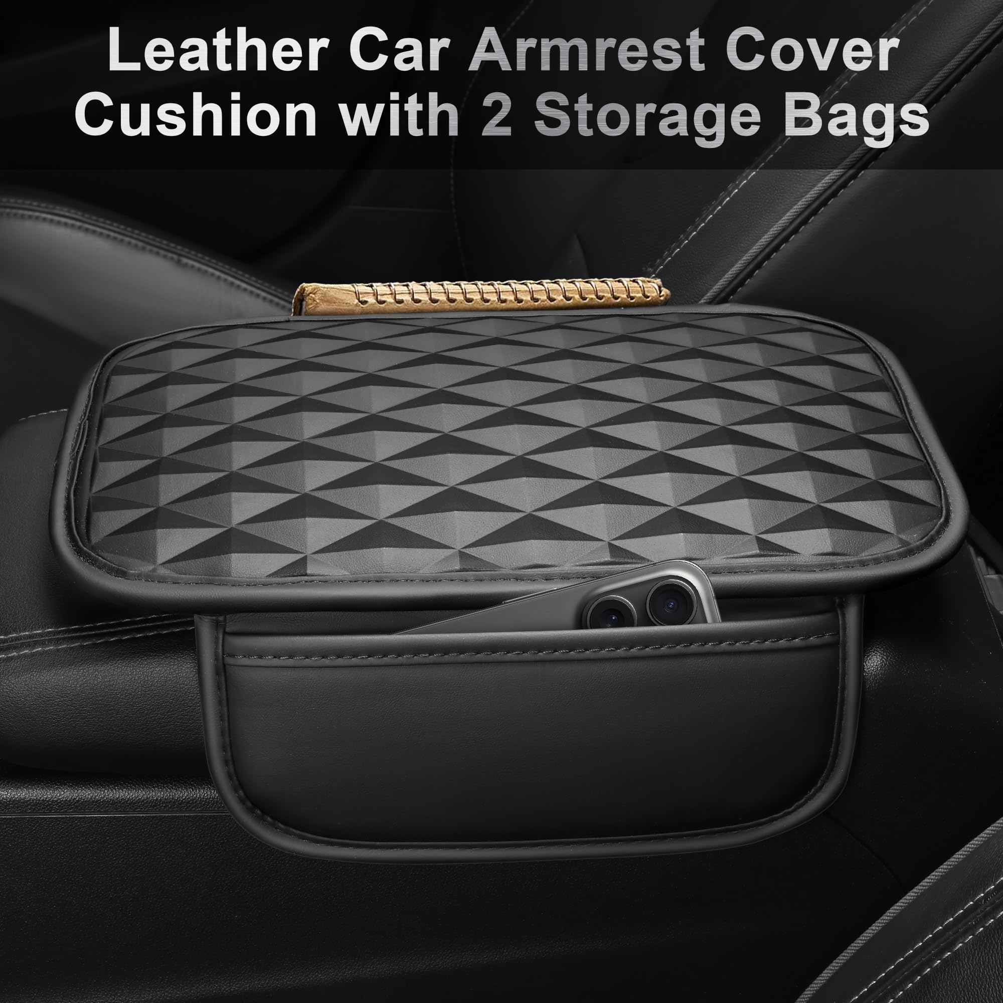 CAR PASS 3D Memory Foam Leather Car Steering Wheel Cover Set Comfortable Rhombus Leather Center Console Armrest Cushion — view 3