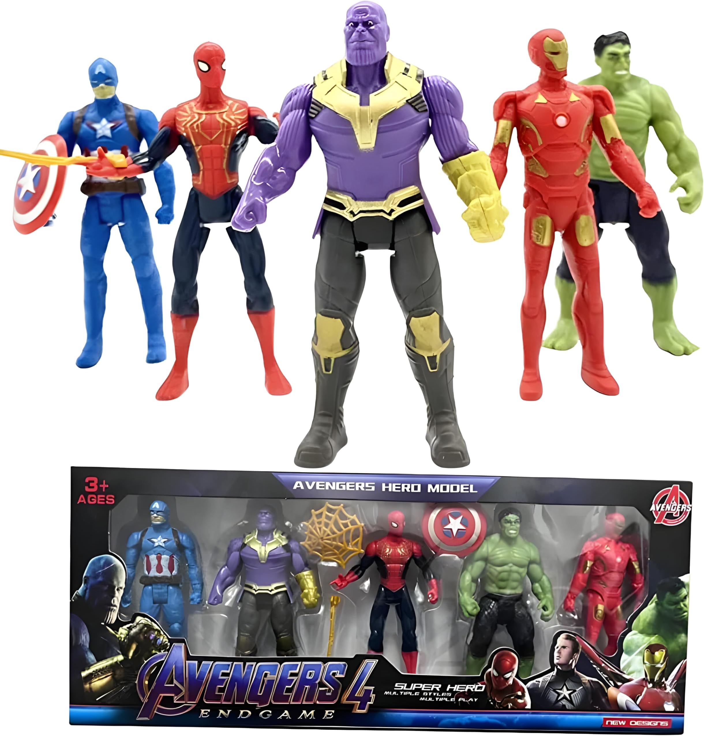 AS TOYS Marvel Avengers 4 Endgame Superhero Action Figure Collectible Toy Set for Kids with Weapons. (Pack of 05 Pieces). (Multicolor) (Spiderman, Thanos, Hulk, Ironman & Captain America).