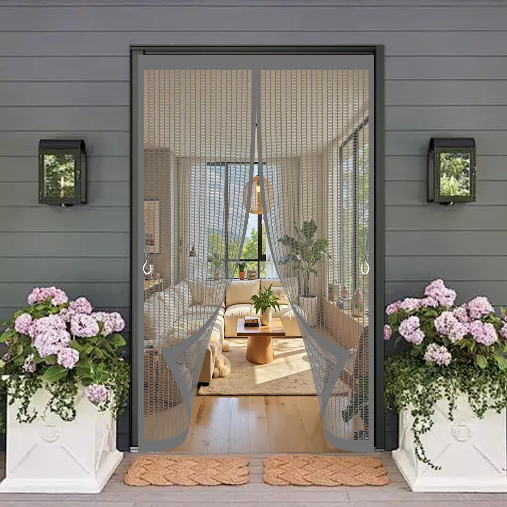 Door Fly Screen Curtain 165 x 185 cm Automatically Close, No Gap, Easy to Install Without Drilling, Keep Bugs Out Lets Fresh Air in Magnetic Door Screen for Patio Doors Bedroom, Grey