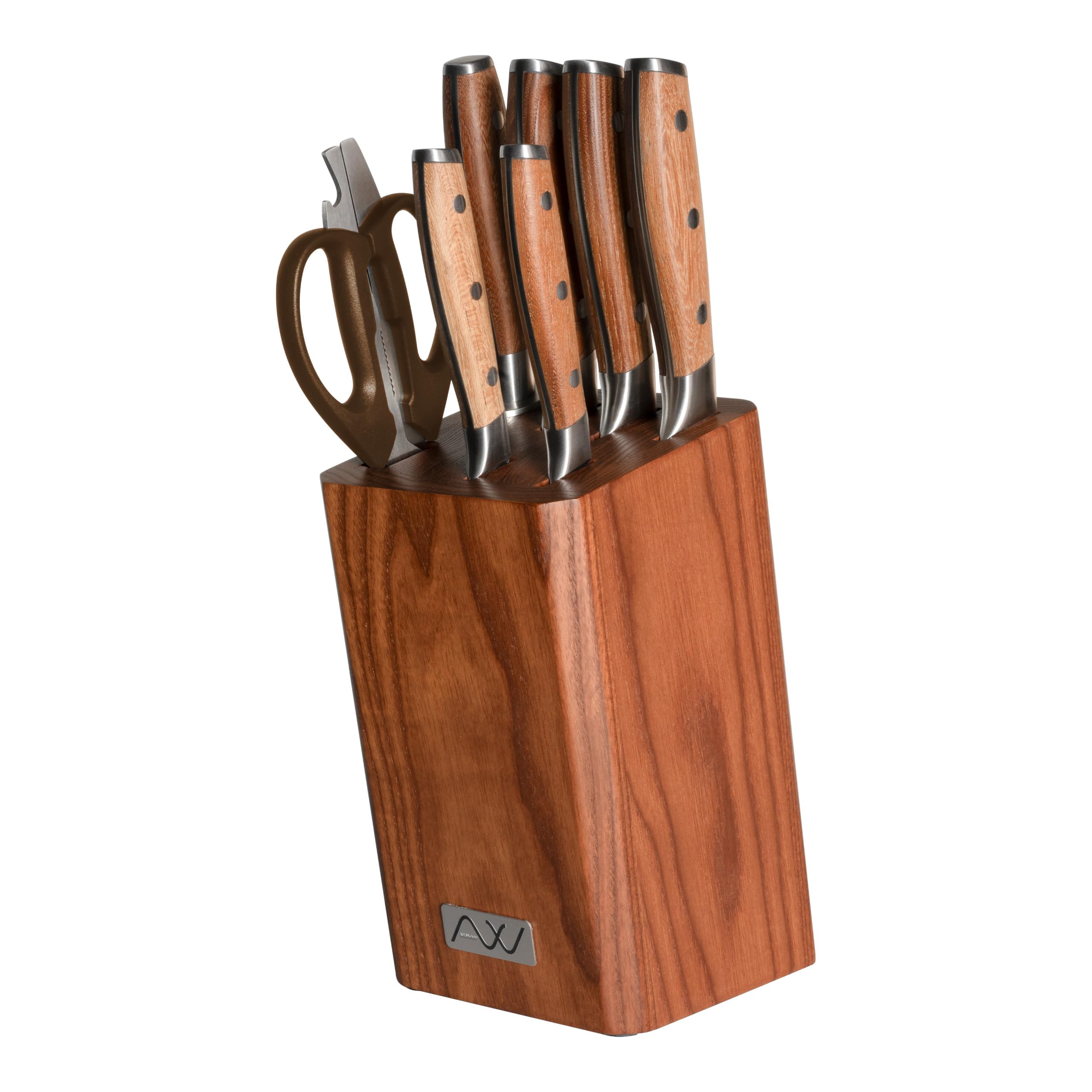 Rockingham Forge Ashwood Juego de 8 Cuchillos de Cocina de Madera con Afilador y Tijeras - Hojas Profesionales de Acero Inoxidable Alemán Ultraafiladas y Mango Duradera con Espiga Completa
