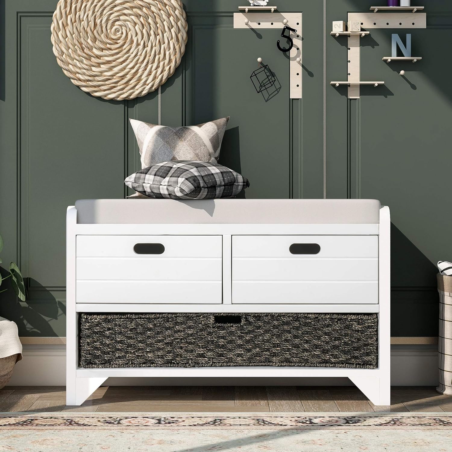 32" Multifunctional Entryway Storage Bench with 2 Drawers & Movable Basket, Versatile Bench with Movable Seat Cushion, Practical Ottoman with Solid Wood Frame for Entryway Hallway Porch, White