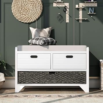 32" Rustic Storage Bench with Removable Basket and 2 Drawers, Fully Assembled Wooden Shoe Bench with Removable Cushion for Living Room Entryway White-02