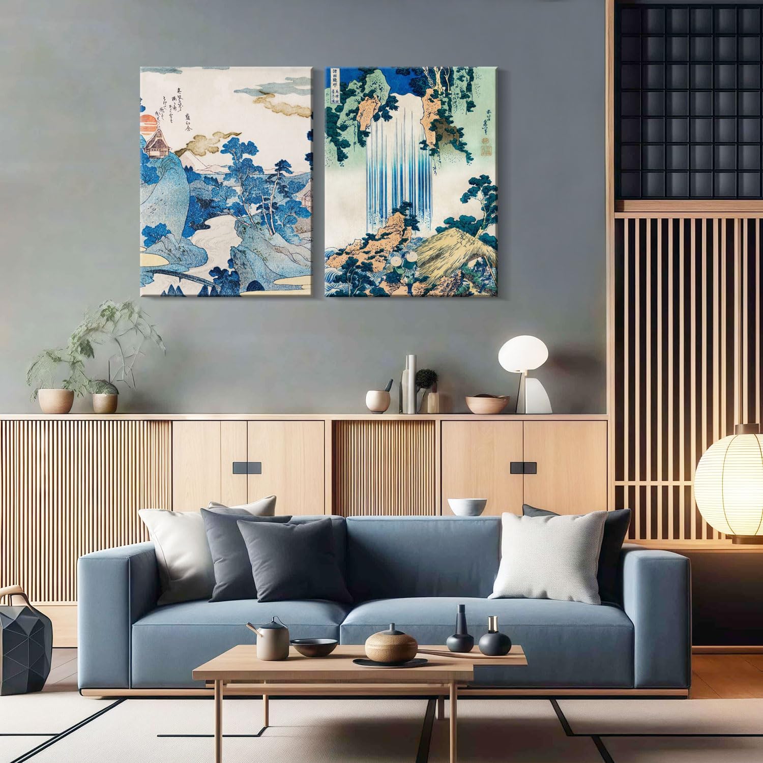 2Pcs Framed Landscape waterfall Japanese Ukiyo-e Wall Art Decor Canvas Print Picture Traditional Woodblock Print Style Poster Gallery Bedroom Living Room Office 16x24 Inch Ready to Hang
