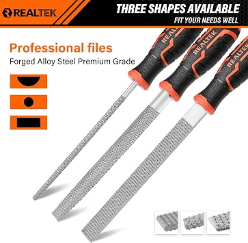 REALTEK 3-Piece 12 Wood Rasp File Set with 4 Longer Rubber Grip, T12 High Carbon Wood File Set for Woodworking, Flat/Half Round/Round Perfect Files for Wood Manual Cutting and Sharping