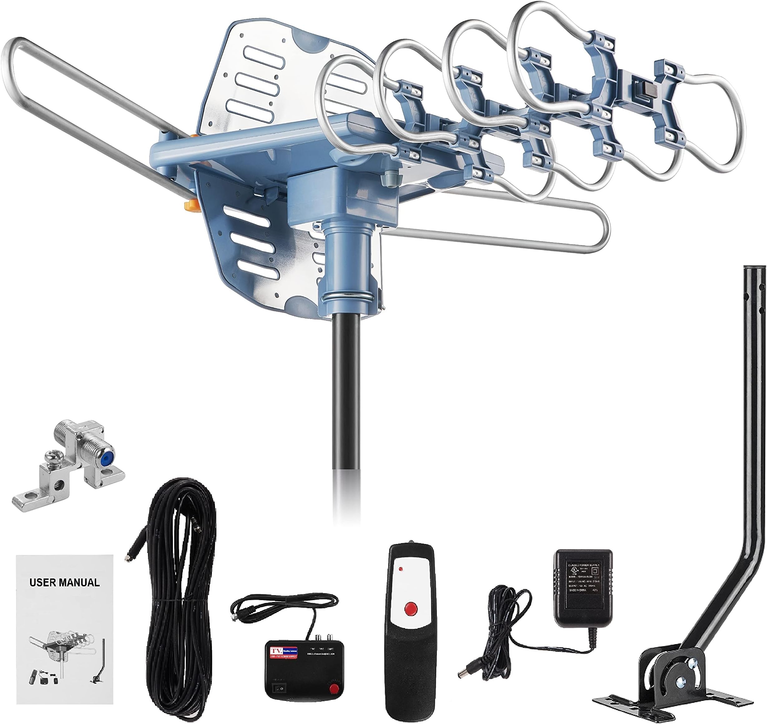 150 Miles Range Amplified Digital Outdoor TV Antenna with Mount Pole 4K/1080p High Reception/ 60feet RG6 Coaxial Cable/Support 2TVs Function