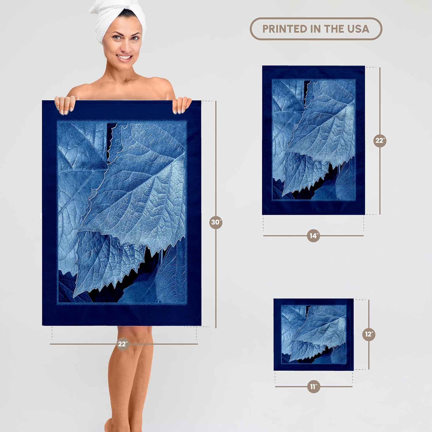 3dRose Cobalt Blue Metallic Leaves with Royal Blue Frame 22x30 Bath Hand Pool Towel
