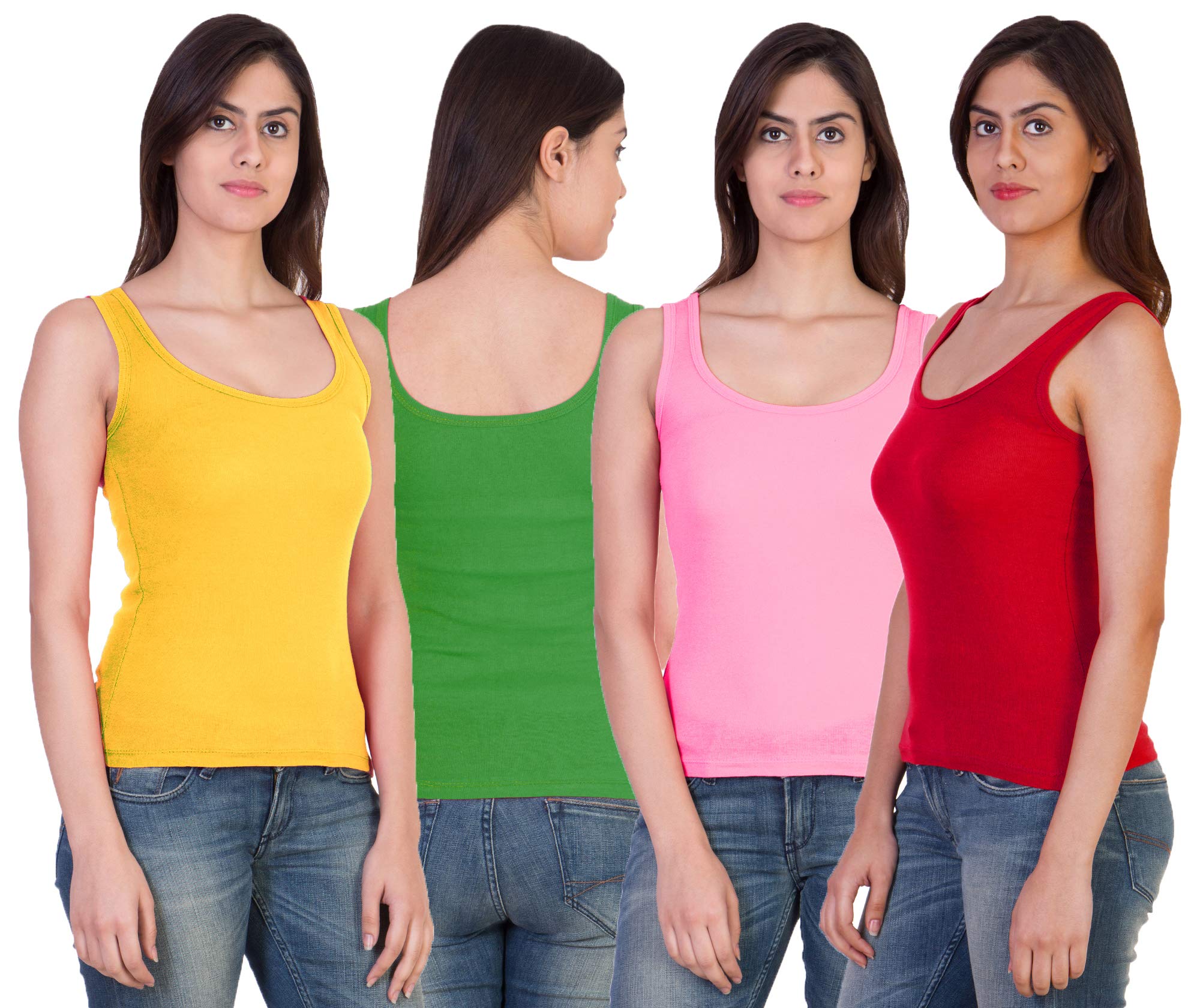 paras Pack of 4 Premium Camisole Spaghetti Tank Top Vest Sando Inner Wear Camis for Women Girls White I Green Red Yellow Medium-picture-11