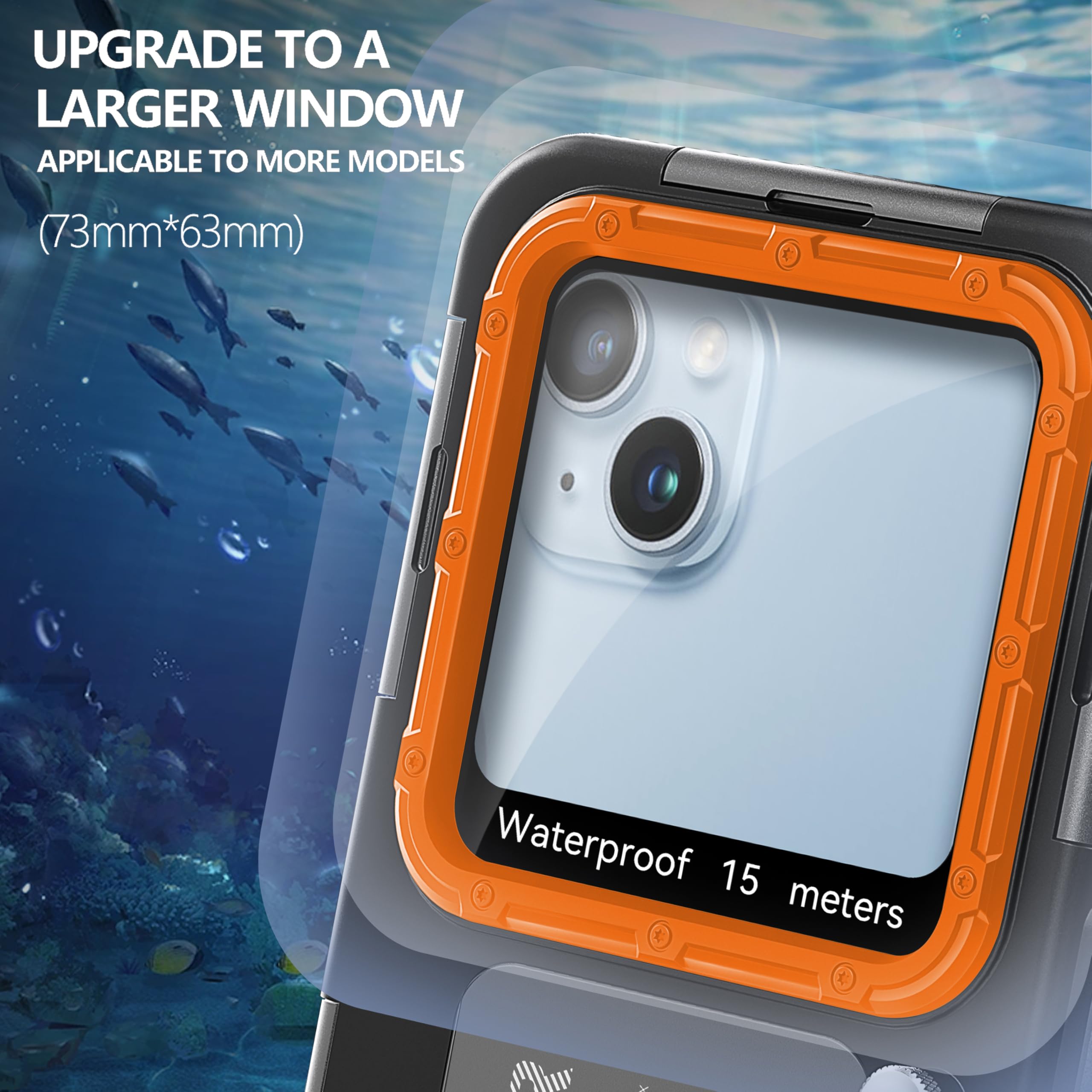 iPhone 16 15 14 13 12 11 Pro Max XR XS X Unterwasser-Tauchgehäuse wasserdicht 15m 50ft Schnorcheln Surfen Fotos Videos Schwarz Orange