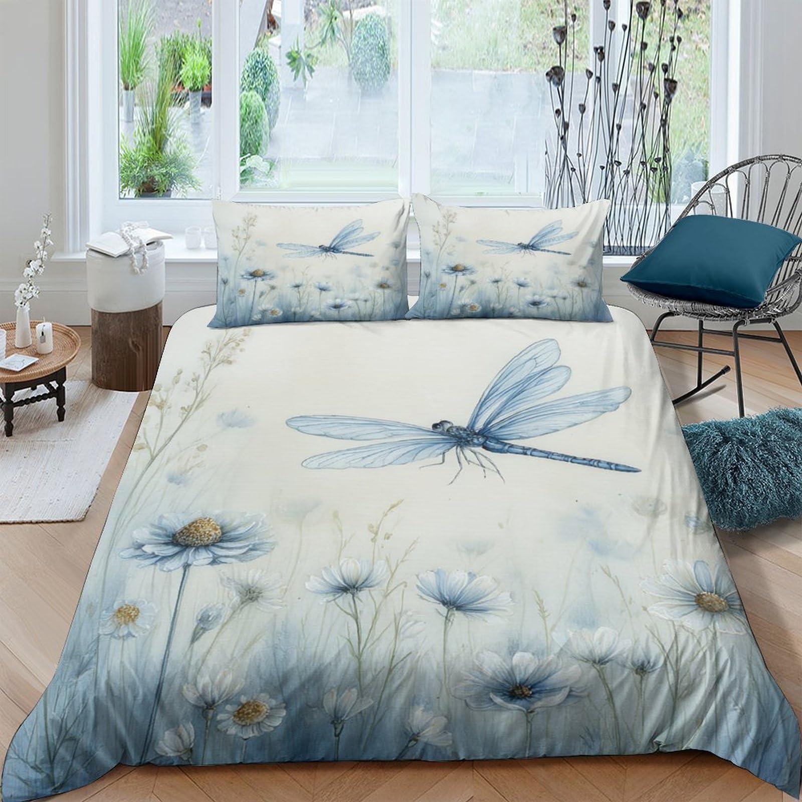 Ctjqhvkz Style-7 3D Printed Blue Dragonfly Fitted Sheet Microfiber Soft Anti-Slip Wildflower Mattress Cover Bedroom Decor Machine Washable Single（135X200cm）