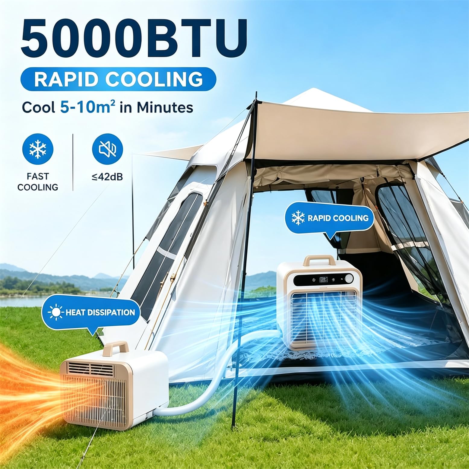 Aire Acondicionado Portátil Split, Unidad de Enfriamiento Inteligente de 5000 BTU Incluye Wi-Fi y Control Remoto, Temporizador de 12 Horas, Flujo de Aire de 130 m3/h, para el Hogar, la Oficina y el