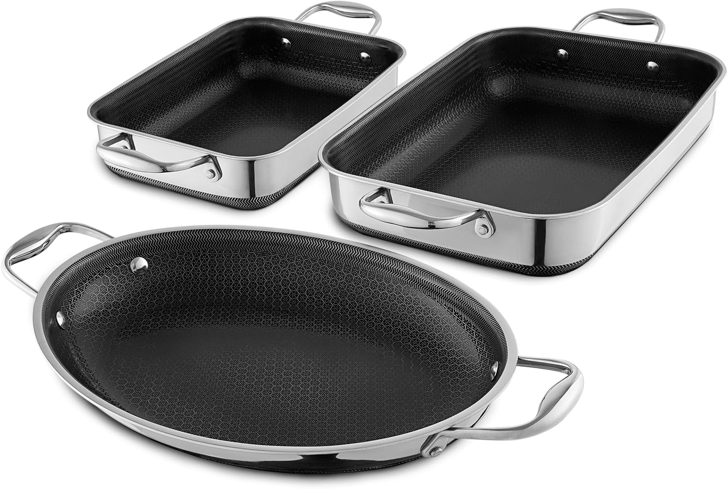 HexClad Hybrid Nonstick 4 Piece Roasting Pan Set with Rack, Stay-Cool Handle, Dishwasher and Oven Safe, Compatible with All Cooktops, Induction Ready
