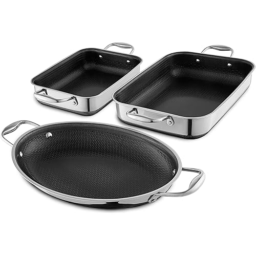 HexClad Hybrid Nonstick 4 Piece Roasting Pan Set with Rack, Stay-Cool Handle, Dishwasher and Oven Safe, Compatible with All Cooktops, Induction Ready