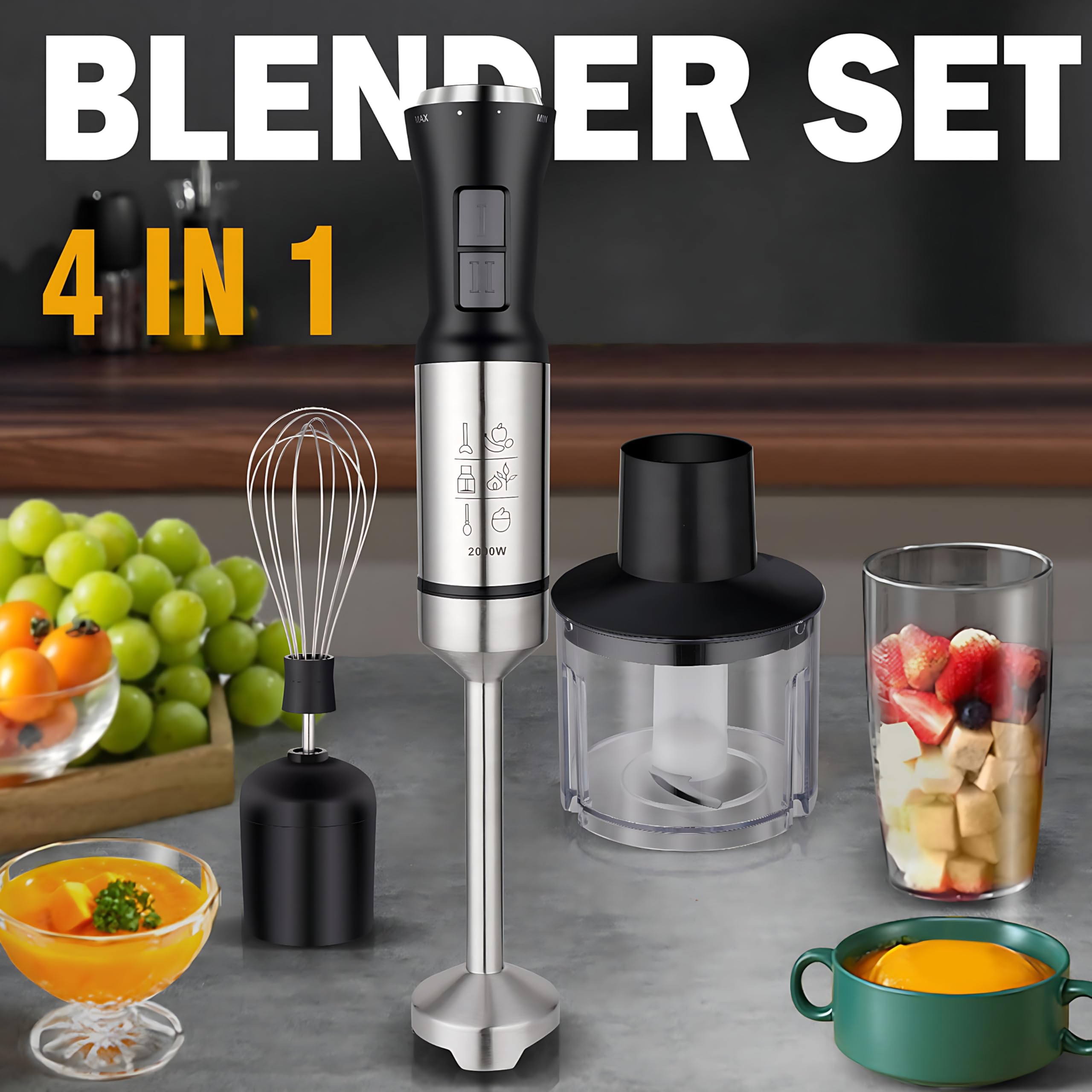 Blender ręczny 2000 W, blender kielichowy 4 w 1, zakrzywione 4 ostrza ze stali nierdzewnej, duże pokrętło sterujące z 2 prędkościami i ubijaczką do jajek, kubek do miksowania 700 ml