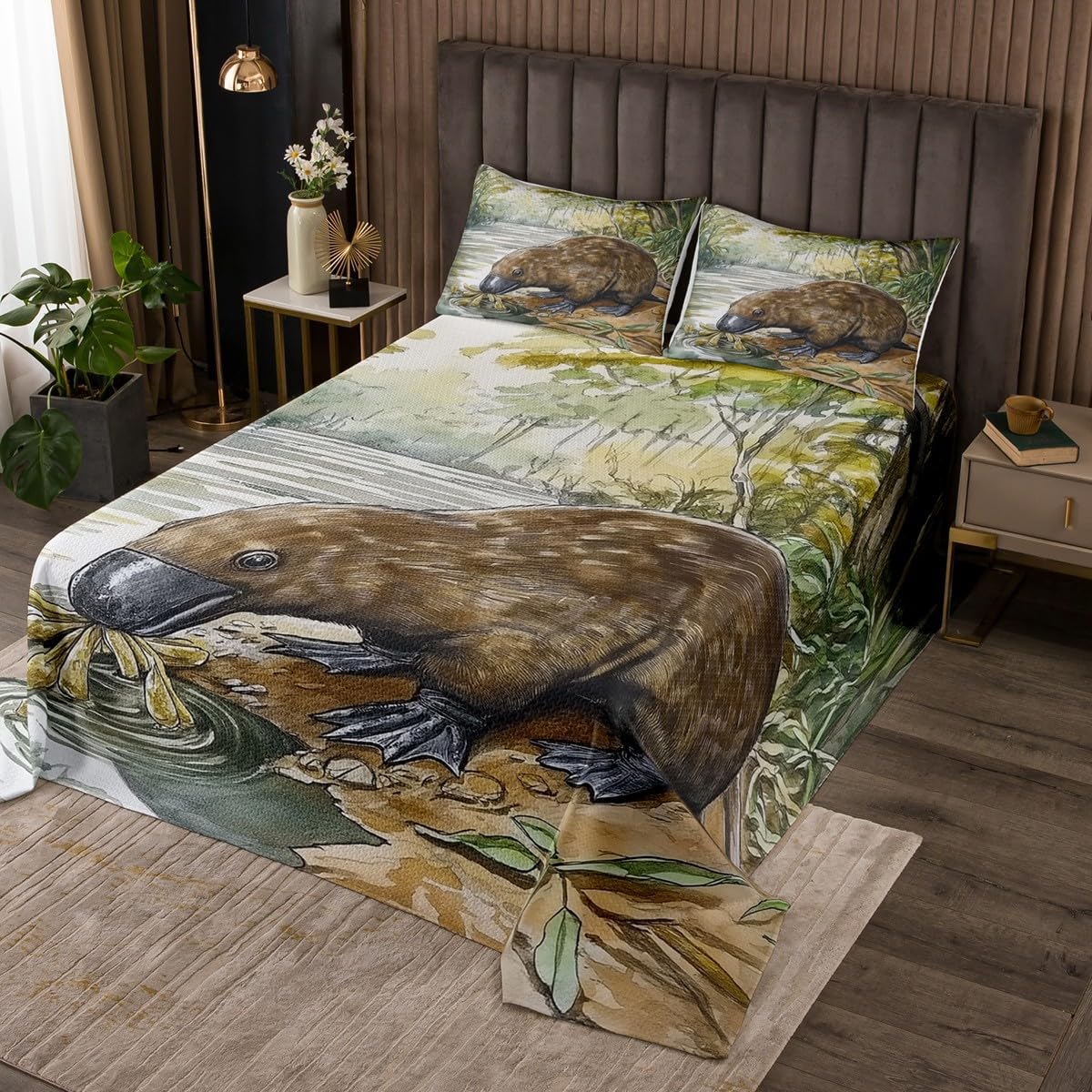 Erosebridal Kids Platypus Bedspread Set Cartoon Platypus King Quilt Set for Boys Girls Bedroom,Australian Animal Coverlet Set Woodland Wildlife Bedding Set 2 Pillow Cases