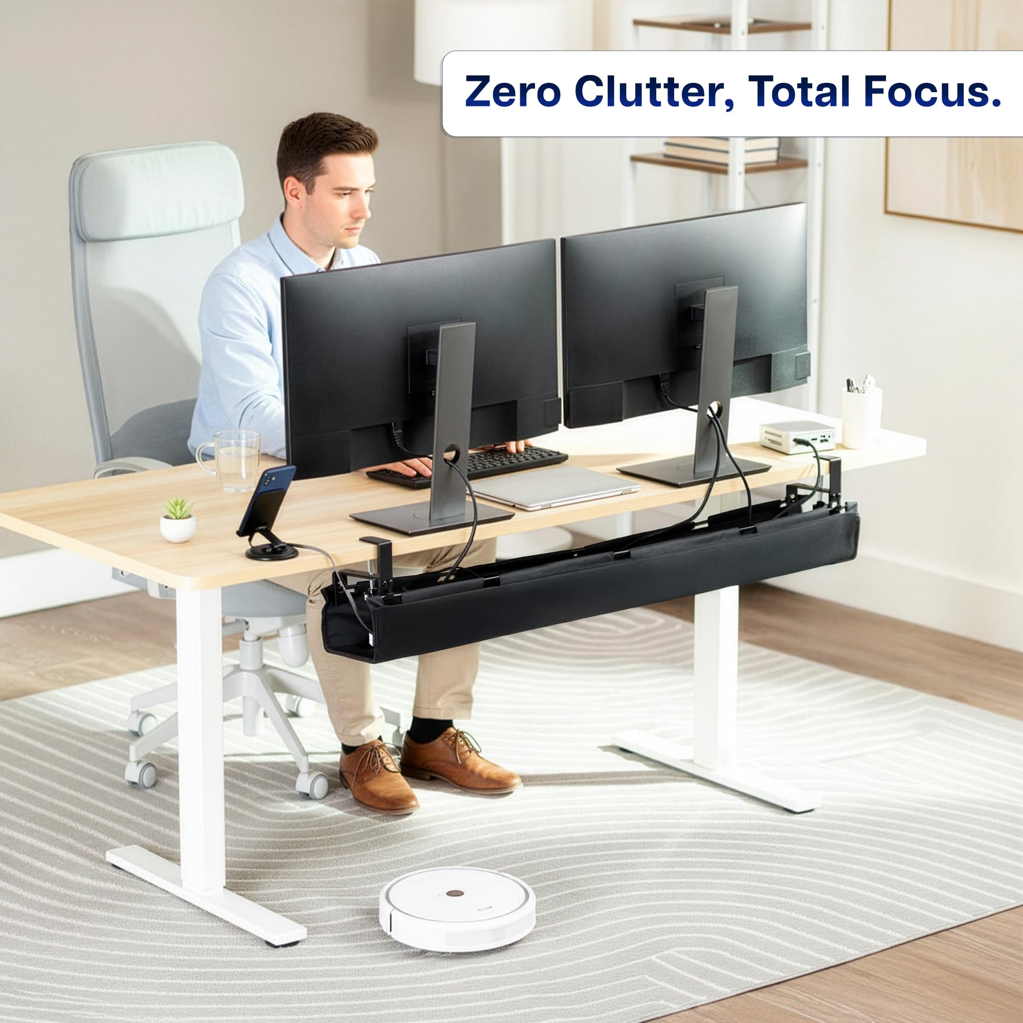 VIVO Bandeja de gestión de cables de tela de 47 pulgadas, corrector de cables, almacenamiento de regletas de alimentación, organización del espacio de trabajo, fácil acceso plegable, negro