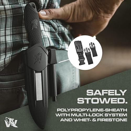 Vista 49 de ODENWOLF WOLF-I - Cuchillo de supervivencia de espiga completa con funda, elegante hoja fija táctica, hecho de acero 440C, cuchillo de supervivencia