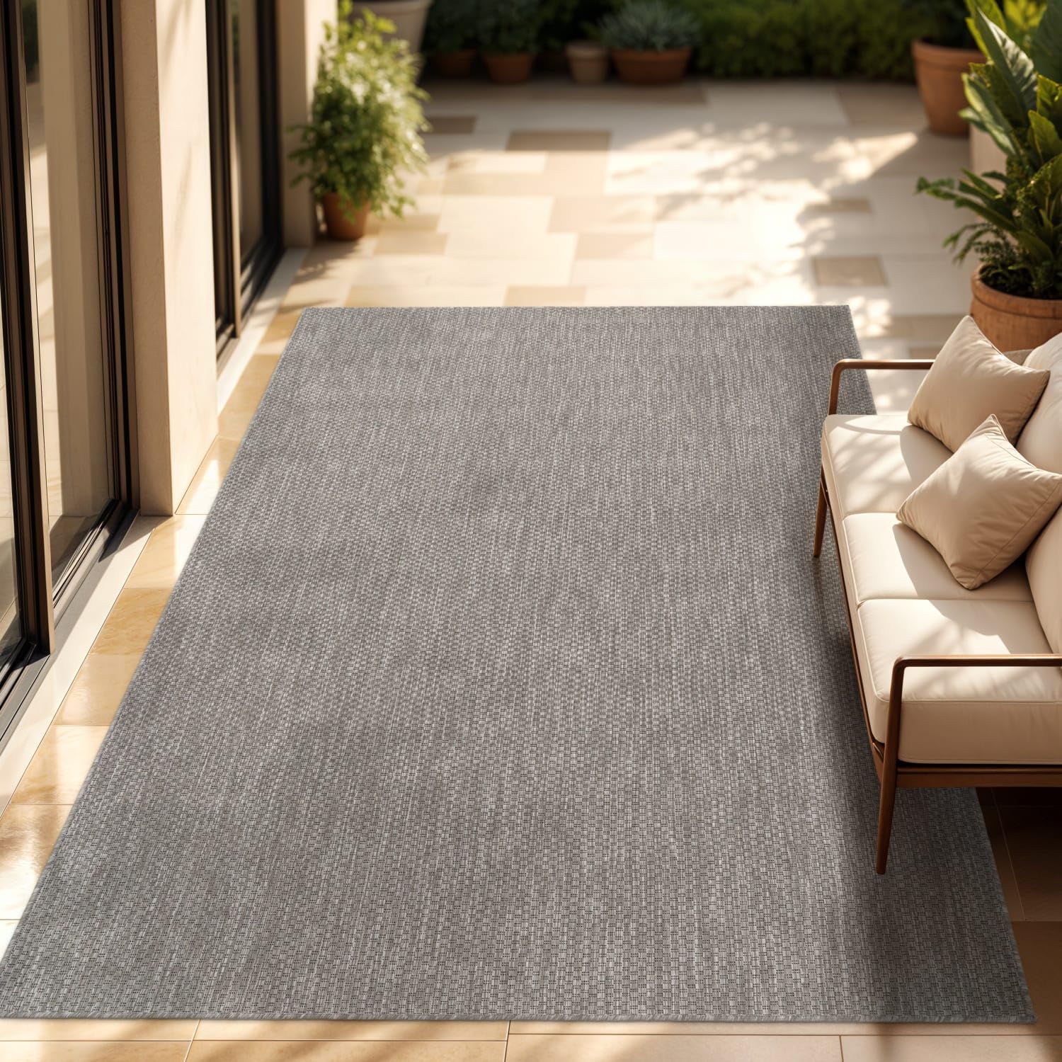Flatweave Outdoor Rug for Patio or Balcony Weatherproof in Mottled Grey, Size: 7'10" x 11'2"