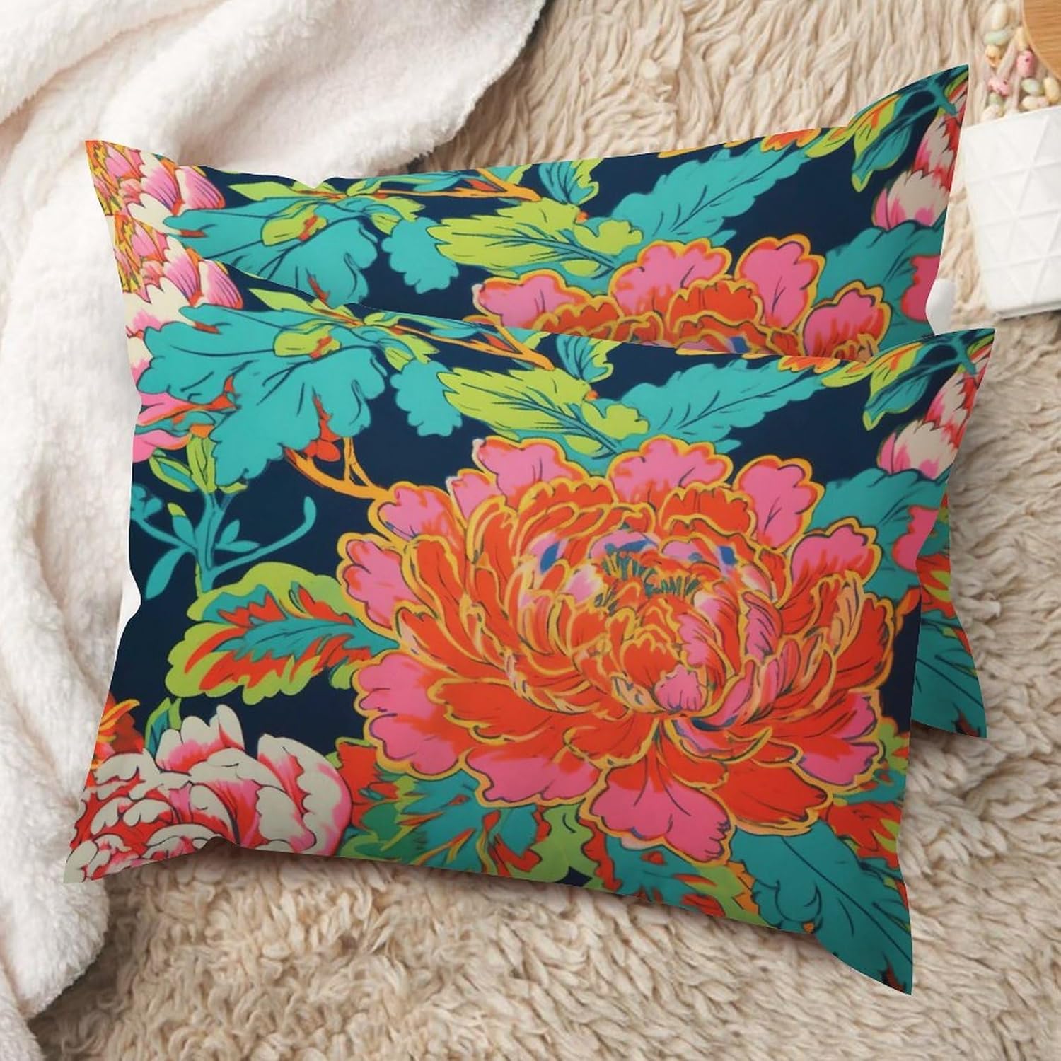 Navy Pink Chinoiserie Peony Floral Lumbar Throw Pillow Cover Set of 2 Ethnic Style Pillow Cover 20x26in Decorative Pillow Home Cotton Linen Oriental Pillowcase for Bedroom Couch Bed