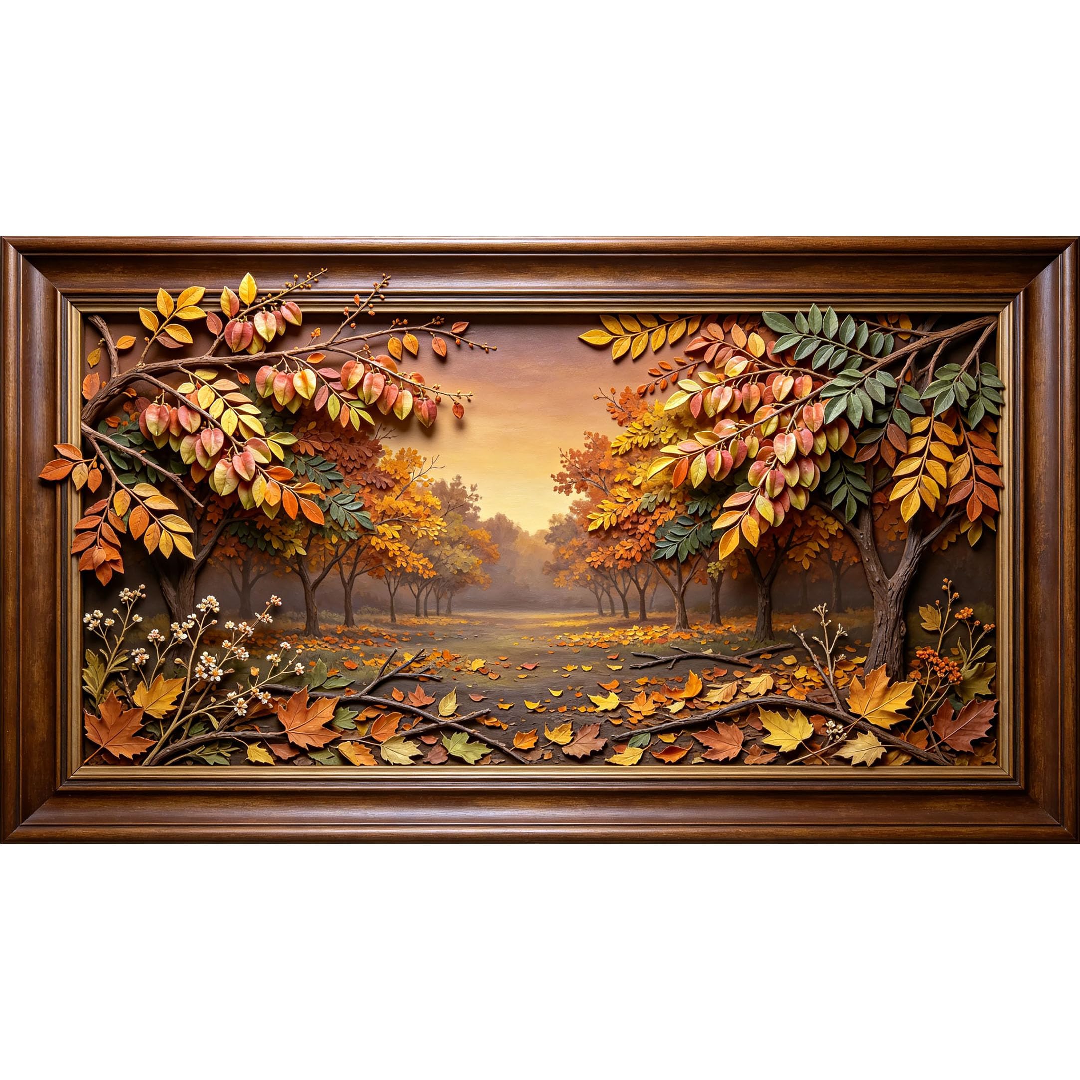 QZLITHOTIC 50×90cm3D Framed Wall Art， Autumn Forest Landscape Botanical SelfAdhesive Mural， WaterActivated Peel & Stick Fabric Decor Wall Decal for Bedroom Living Room
