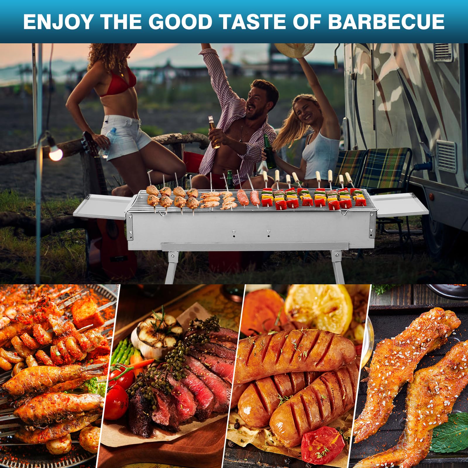 Parrilla de carbón portátil para cocinar al aire libre, 32 pulgadas de largo x 10 pulgadas de ancho, parrilla plegable para acampar con estante de almacenamiento, brochetas de metal para 8