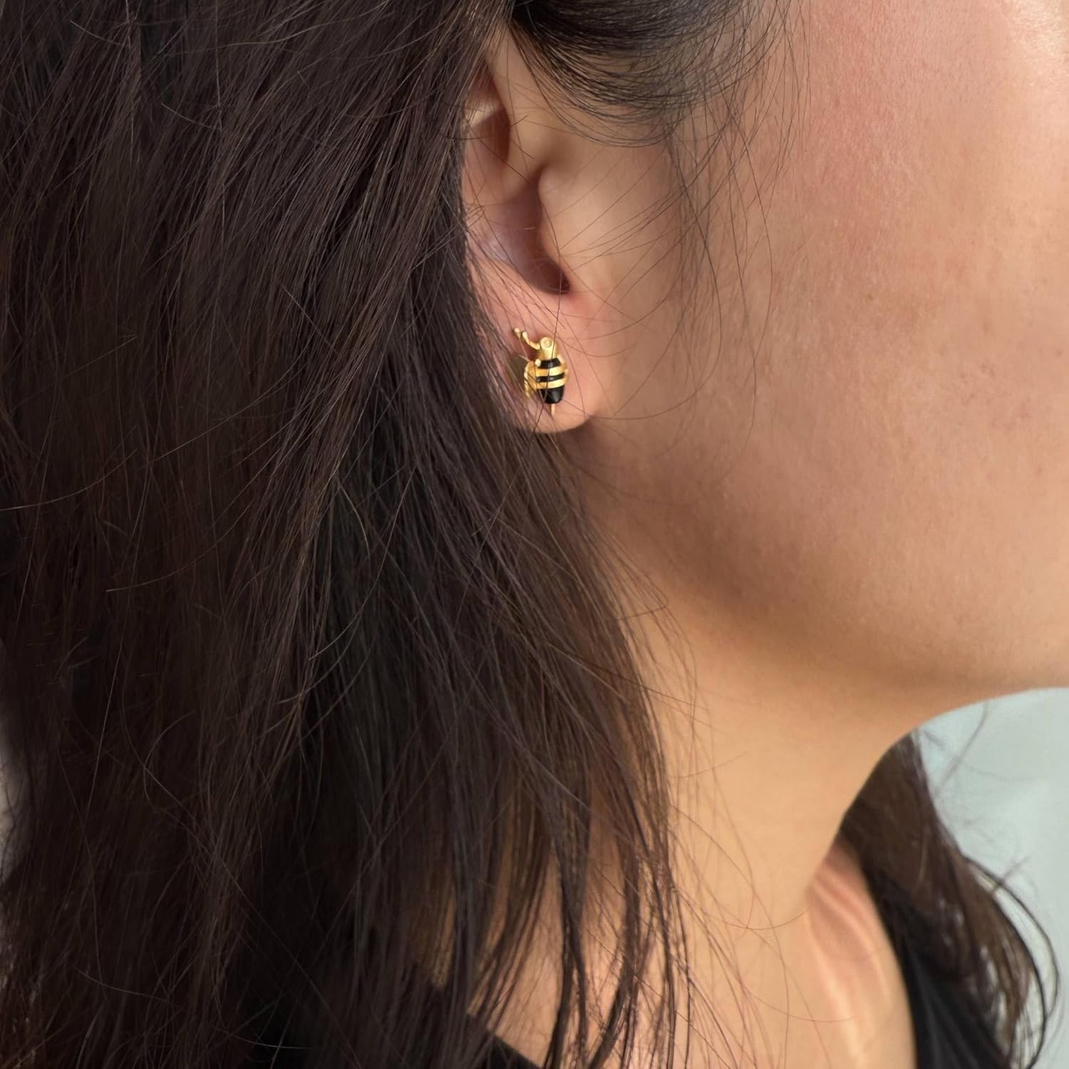 925 Sterling Silver Small Bee Stud Earrings for Women, 18K Gold Plated with Genuine Black Onyx Stone, Cute Animal Jewelry, Ideal Gift - Image 6