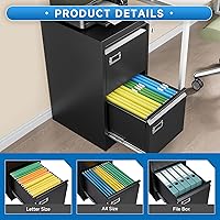 Vista 5 de Archivador vertical de 2 cajones con cerradura de metal, archivador vertical de metal, para oficina y hogar, archivadores verticales de acero