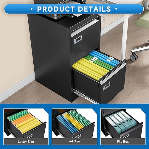 Miniatura 5 de BYNSOE Archivador de 2 cajones con cerradura, archivador vertical de metal, para oficina y hogar, archivador estrecho para tamaño A4 legalcarta,