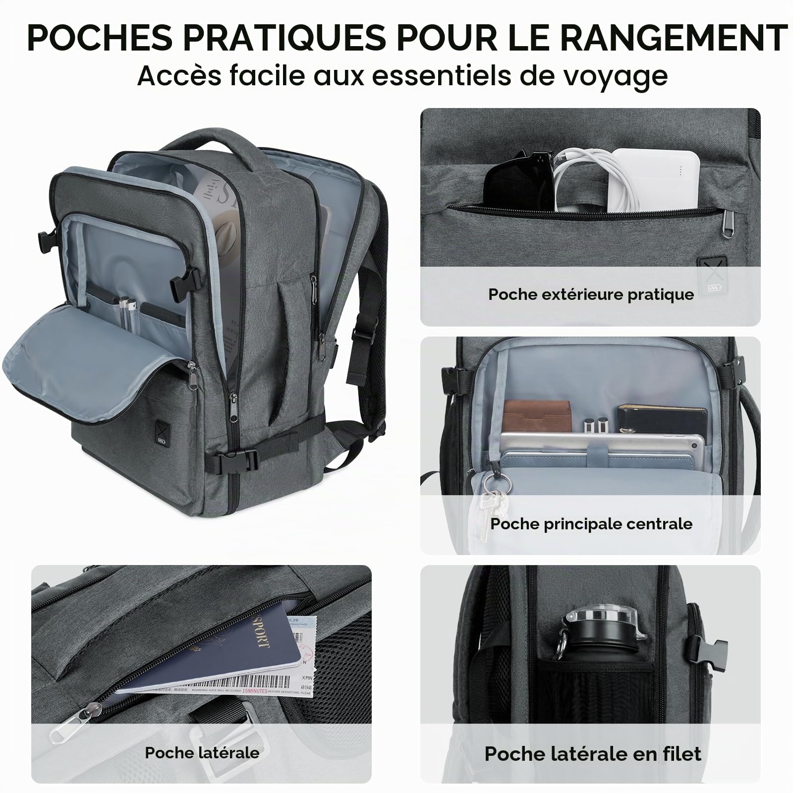 WANDF Sac à Dos Bagage à Main 45x36x20cm pour Easyjet Airlines, Sac à Main de Voyage sous Siège avec Compartiment Humide, Sac à Dos pour Ordinateur Portable 17 Pouces pour Hommes et Femmes